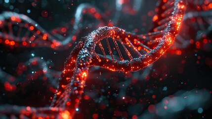 A captivating 3D illustration of a DNA double helix with sparkling lights, surrounded by floating red particles symbolizing cellular activity.