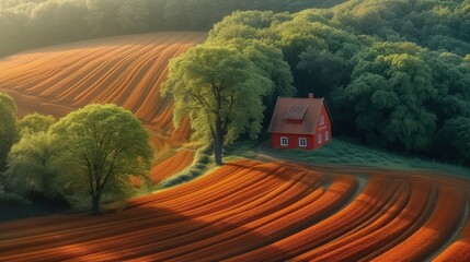 Widok z lotu ptaka na czerwony mały dom otoczony drzewami i zadbanym pomarańczowym polem - obrazy, fototapety, plakaty