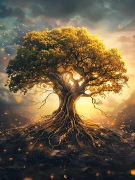 Illustration of an ancient tree with deep roots, symbolizing the connection between heaven and earth, blending realism with symbolic elements