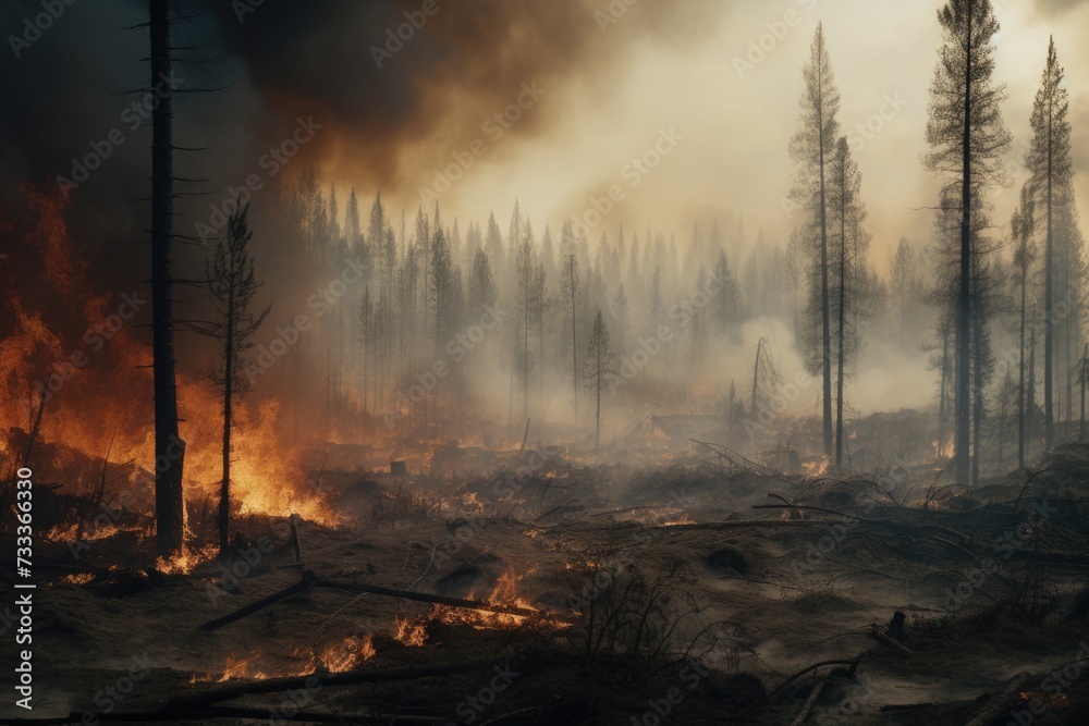 Poster a burning fire in the midst of a forest. can be used to depict the dangers of wildfires or the impac