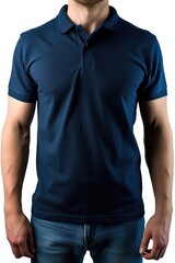 A man wearing a blue polo shirt is posing for a picture. This versatile image can be used for various purposes
