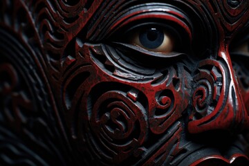A close up of a person's face with a red and black design. Can be used for makeup inspiration or artistic concepts