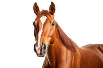 A brown horse with a distinctive white stripe on its face. This image can be used to represent farm animals or equestrian activities