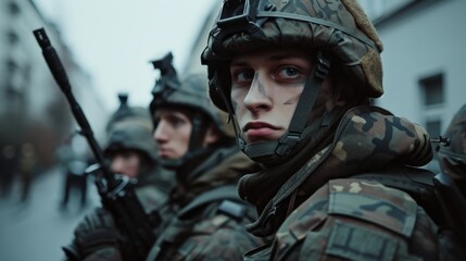 Fototapeta premium A group of soldiers standing in formation. Ideal for military or teamwork concepts