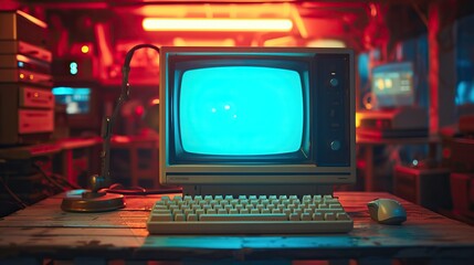 An atmospheric shot of a neon-lit room with a vintage computer setup, including a CRT monitor with a glowing blue screen, a classic keyboard, and an old-style mouse.