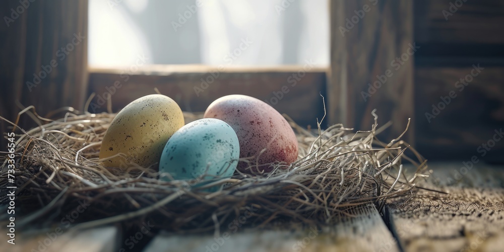 Poster Three eggs are placed in a nest on a wooden table. This image can be used to depict concepts related to nature, spring, new beginnings, and Easter decorations