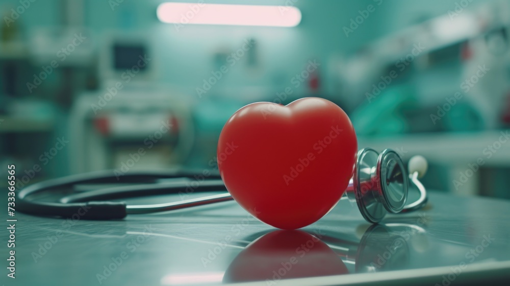 Poster a red heart sitting on top of a table next to a stethoscope. perfect for medical or healthcare conce