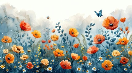 Watercolor illustration of a garden scene, with a variety of flowers in full bloom, bees buzzing, and butterflies flitting, capturing a vibrant ecosystem