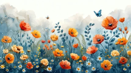 Foto op Plexiglas Watercolor illustration of a garden scene, with a variety of flowers in full bloom, bees buzzing, and butterflies flitting, capturing a vibrant ecosystem © Kanisorn