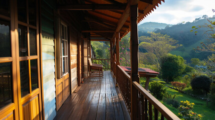 Fototapeta premium Small house with wooden column porch. View from walkway