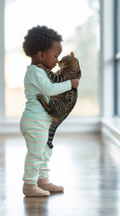 little girl with joyful expression hugging her tabby cat in bright, airy home, tender moment of child ans domestic pets friendship, lovely owner.