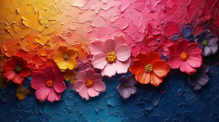  Obraz kolorowych kwiatów na dwukolorowym tle. Tekstura grubo nałożonej farby. - obrazy, fototapety, plakaty