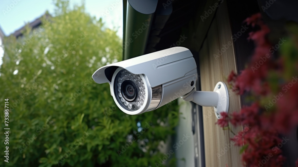 Poster a security camera mounted on the side of a house. can be used for surveillance and monitoring purpos