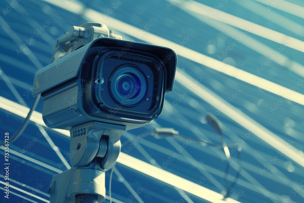 Poster a solar panel with a security camera attached, providing surveillance and monitoring. ideal for illu