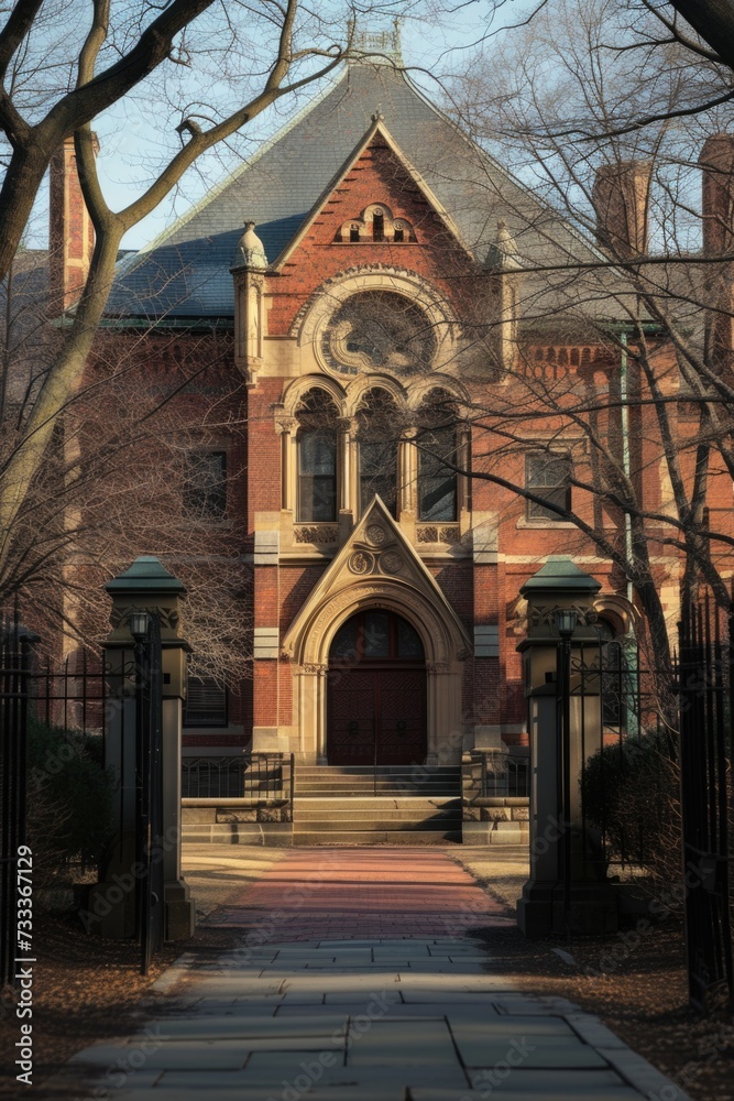Poster A large brick building with a clock on top. Perfect for illustrating architectural landmarks and historical sites