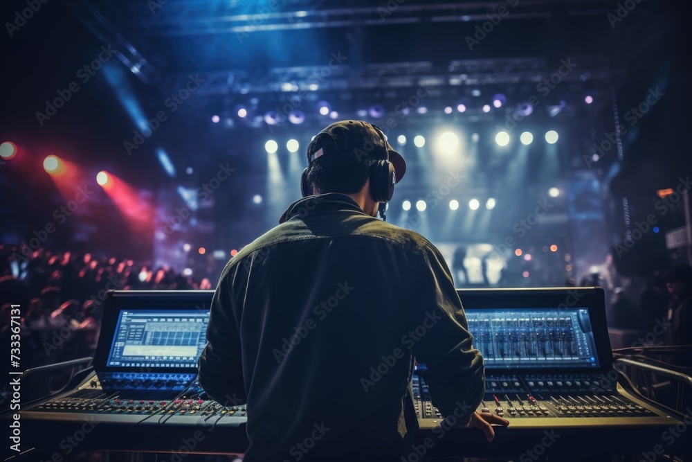 Poster a man standing in front of a sound board. perfect for music production or live event recording