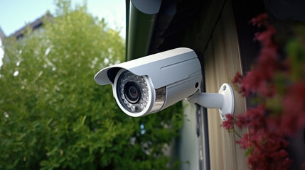 A security camera mounted on the side of a house. Can be used for surveillance and monitoring purposes