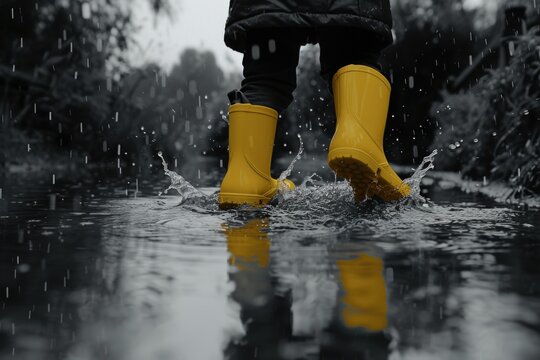 A person wearing yellow rain boots standing in a puddle. This image can be used to depict rainy weather or someone enjoying the outdoors in wet conditions