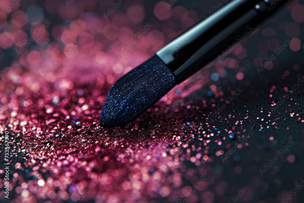 Poster A close-up view of a brush with sparkling glitter. Perfect for adding a touch of glamour and shimmer to any project