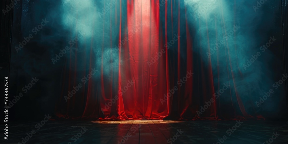 Poster a stage with a red curtain and smoke coming out of it. perfect for theater and performance concepts