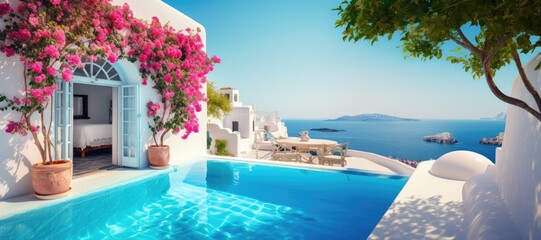 Fototapeta na wymiar Cozy white luxury villa in greece with pool and best view on sea