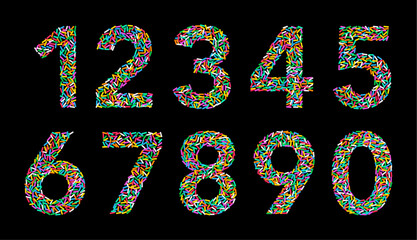 Numbers from one to zero, made with colorful rainbow sprinkles, on black background. Ten numbers, made with randomly arranged sugar sprinkles of eight different colors. Isolated illustration. Vector.