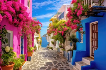Colorful european cozy old street with colorful buildings and flowers