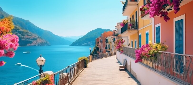 Colorful european cozy old street with colorful buildings and flowers