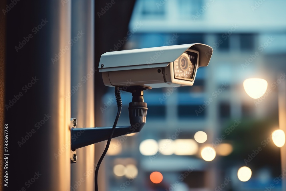 Poster a security camera mounted on the side of a building. this image can be used to depict surveillance, 