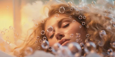 Foto op Plexiglas Spa A woman relaxing in a bathtub with bubbles covering her face. Ideal for spa, wellness, and self-care concepts