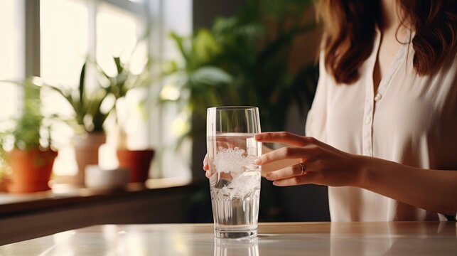 A woman is pictured sitting at a table with a glass of water. This image can be used for various concepts related to hydration, health, relaxation, and daily routines