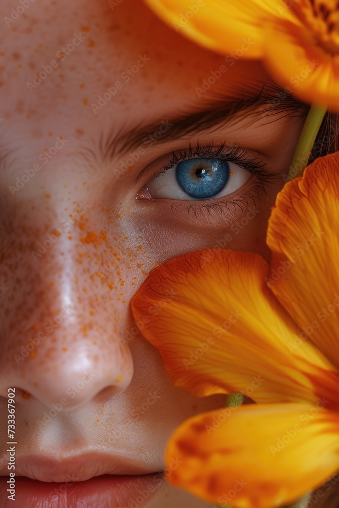 Poster A close up view of a person with a flower in front of her face. This image can be used for various purposes