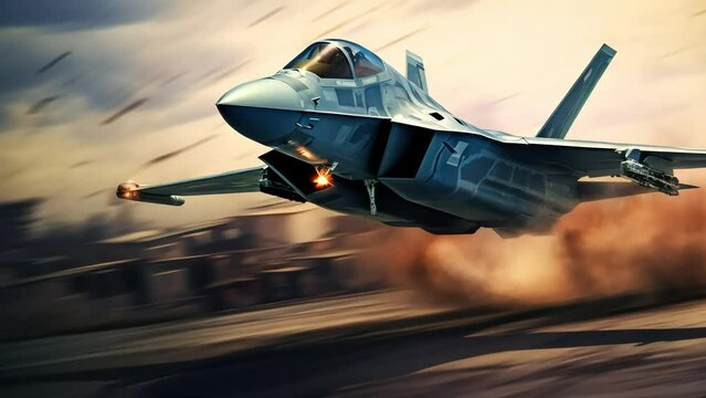 The F22 fighter jet is passing very low over the ground, raising a cloud of dust. aerobatics. Generative AI