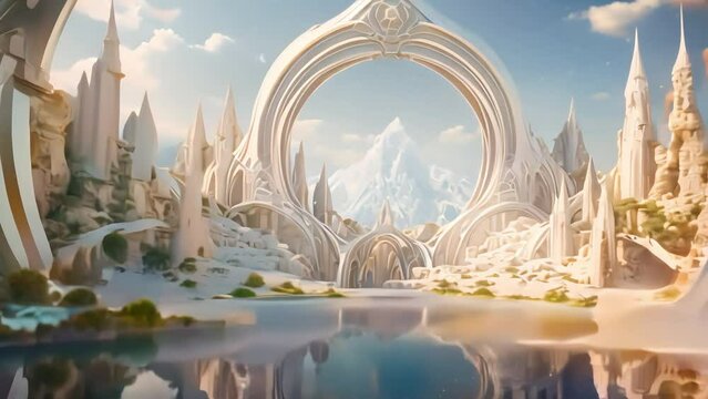 the surface of an unknown planet covered with water and white arched structures. Generative AI
