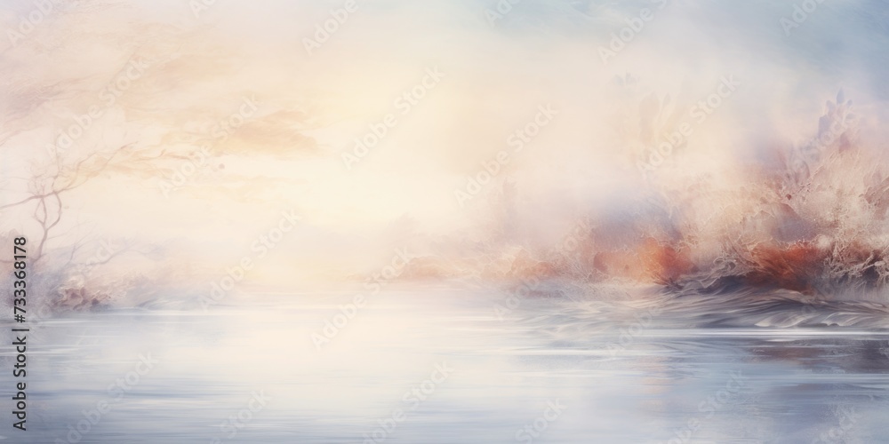 Poster A beautiful painting depicting a serene river with lush trees in the background. Perfect for adding a natural touch to any space
