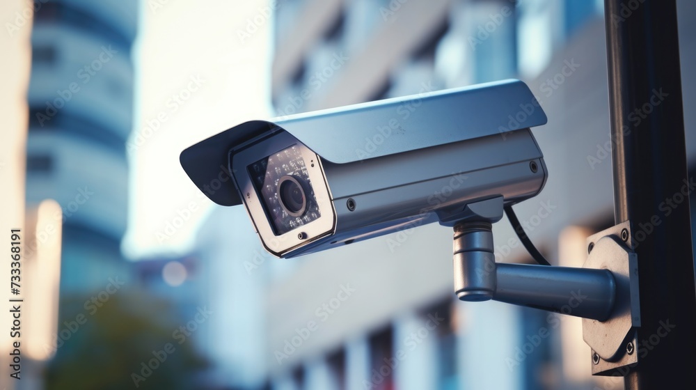 Poster A security camera mounted on the side of a building. Suitable for surveillance and security concepts
