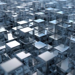 3D Rendered Abstract Array of Reflective Cubes on Blue Background