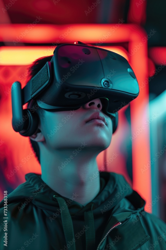 Poster a young man immersed in a virtual reality experience. this image can be used to depict the concept o