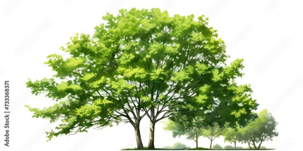Poster a picture of a group of trees with vibrant green leaves. perfect for nature-themed designs and proje