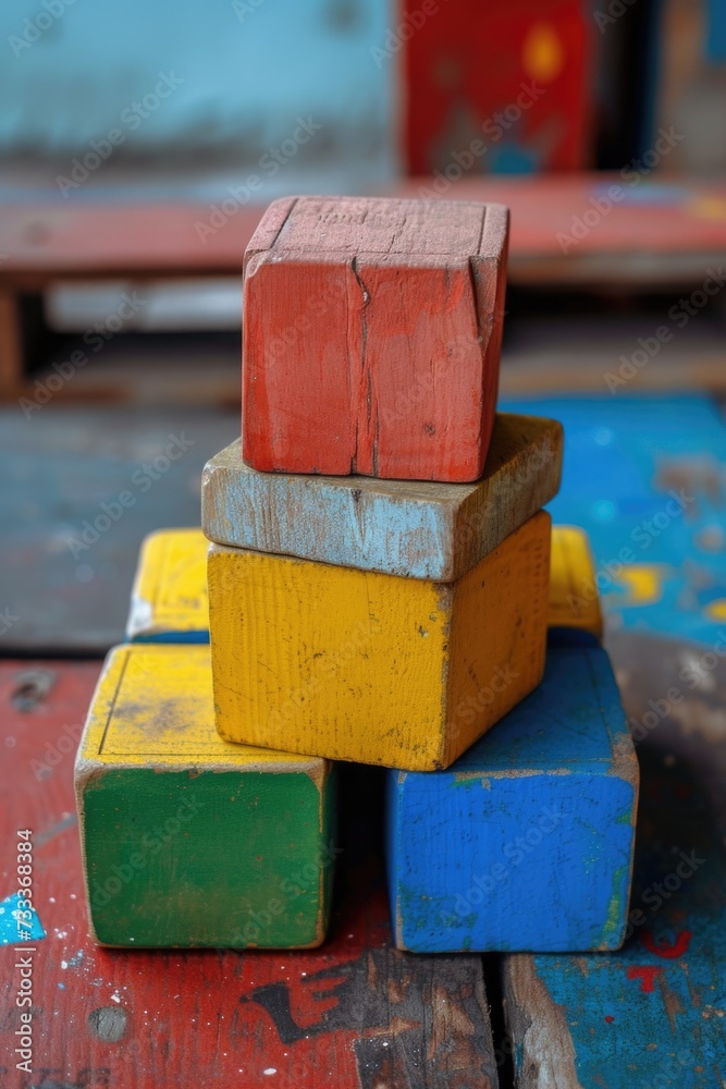 Poster A stack of wooden blocks sitting on top of a table. Versatile image suitable for various concepts and designs