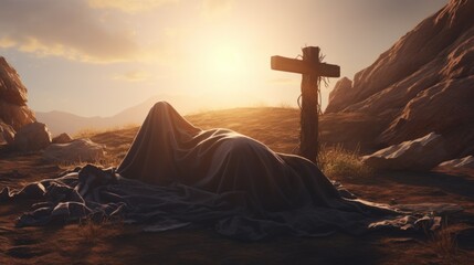 A cross on a hill covered with a draped blanket. Suitable for religious and memorial themes - obrazy, fototapety, plakaty