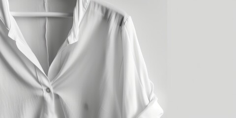 A white shirt hanging on a hanger. Can be used for fashion, clothing, or laundry concepts