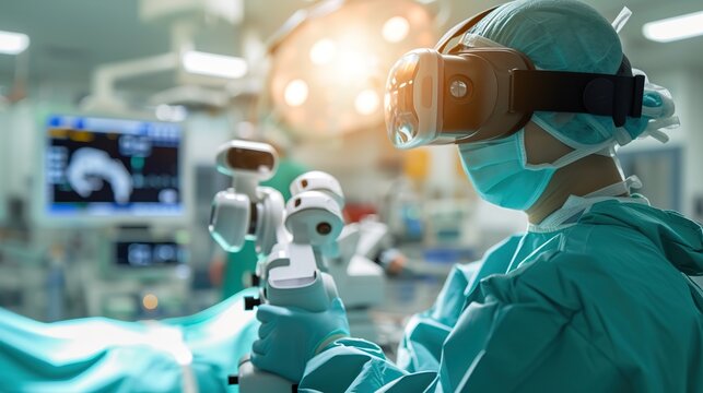 In a well-equipped operating theater, a surgeon is using VR-assisted robotic arms for a precision-driven surgical procedure.