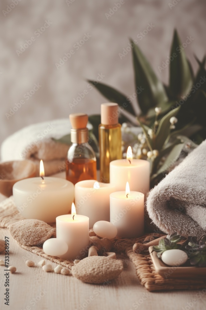 Poster A bunch of candles placed on top of a table. Suitable for creating a cozy and warm atmosphere in various settings