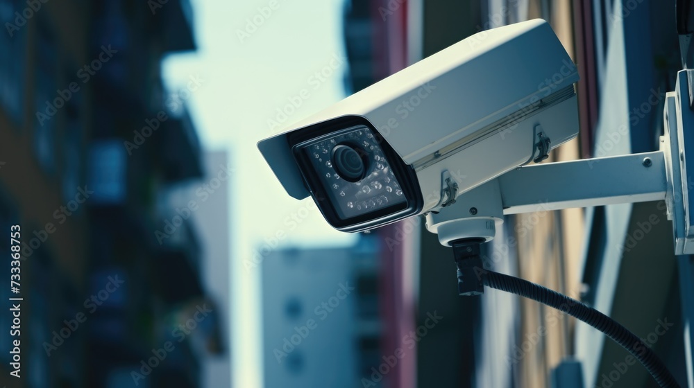 Poster A security camera mounted on the side of a building. Suitable for surveillance and security concepts