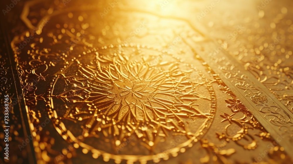 Poster A detailed close-up of a gold plate with intricate designs. This versatile image can be used in various projects