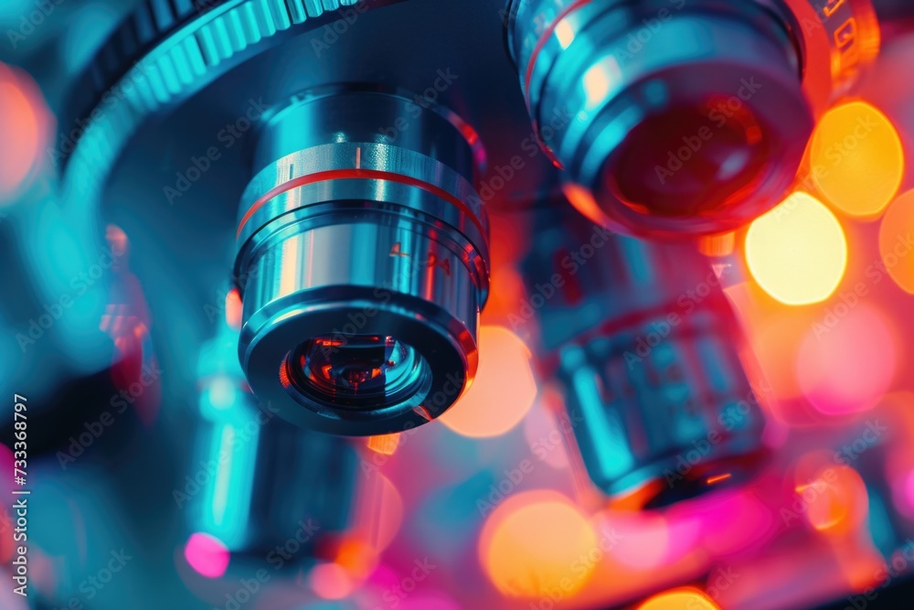 Poster a close-up view of a microscope with bright lights in the background. perfect for scientific researc