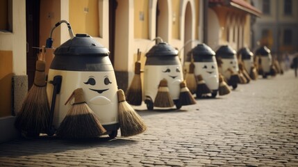 Funny old robots cleaner on a city street, vacuum and mop the floor