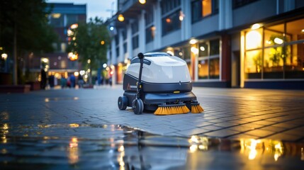 Futuristic robot cleaner on a city street, vacuum and mop the floor - obrazy, fototapety, plakaty
