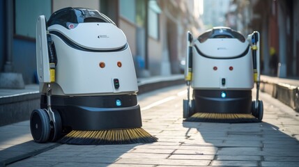 Futuristic robot cleaner on a city street, vacuum and mop the floor - 733368713